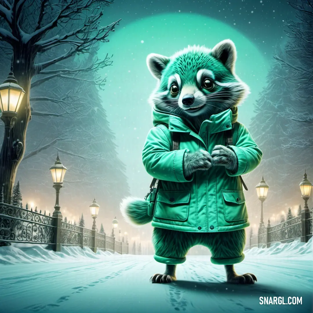 Raccoon dressed in a green coat standing in the snow in front of a fence and street light