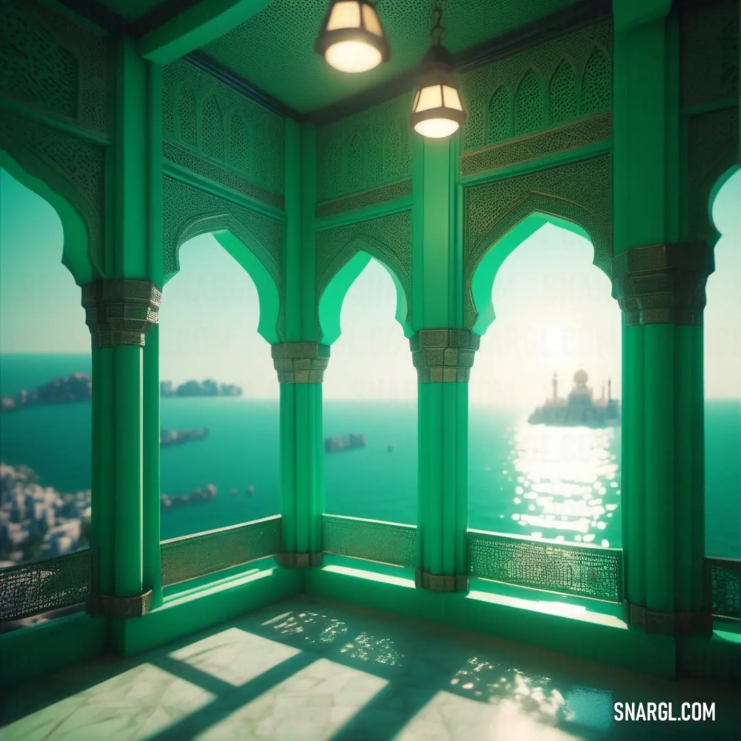 Jade color example: Room with a view of the ocean and a ship in the distance