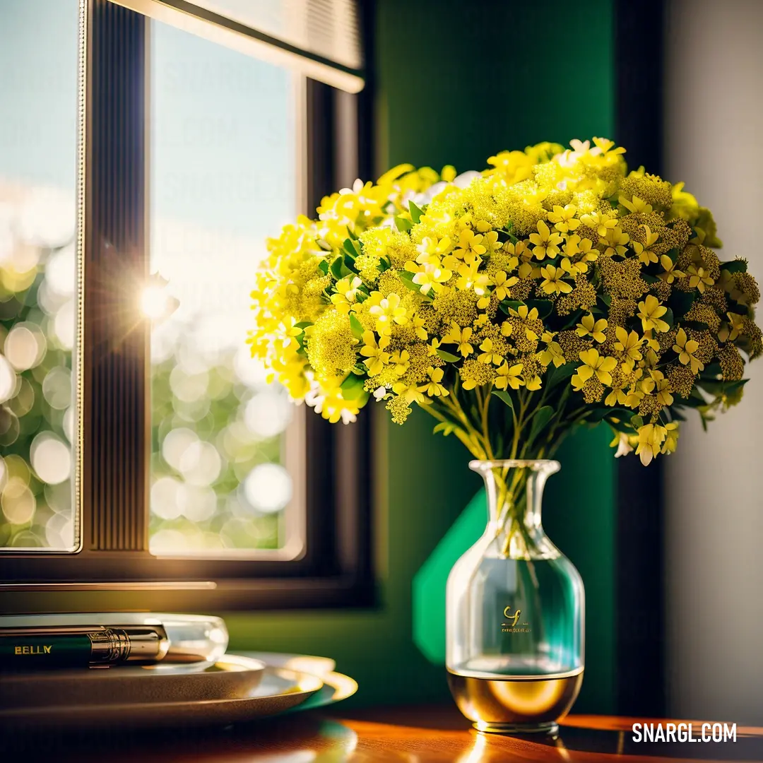 Vase of yellow flowers on a table near a window with a book and a plate on it