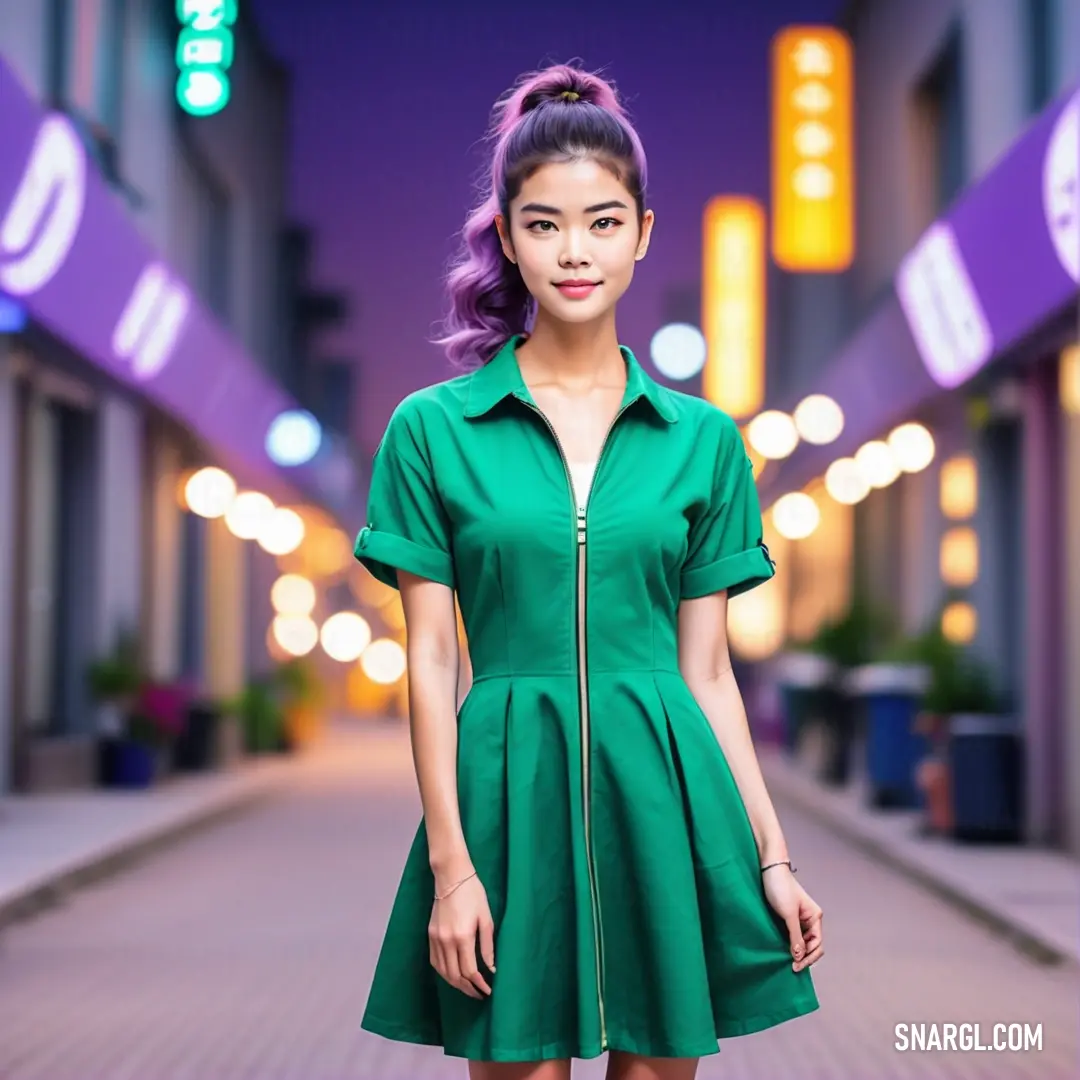 Woman in a green dress standing on a sidewalk at night with a neon sign in the background and a purple light