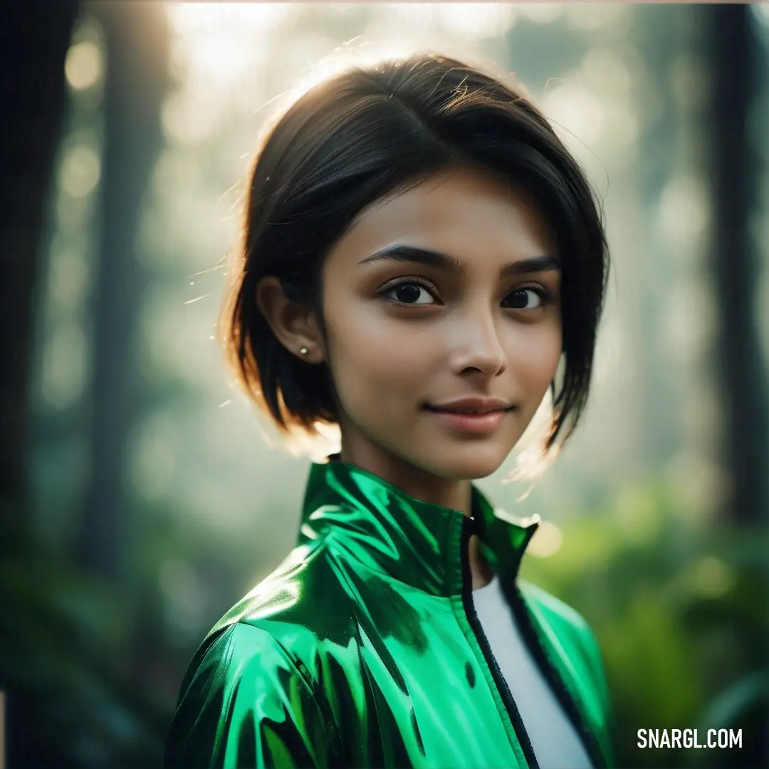 Woman with a green jacket in the woods looking at the camera with a smile on her face. Example of CMYK 100,0,36,34 color.