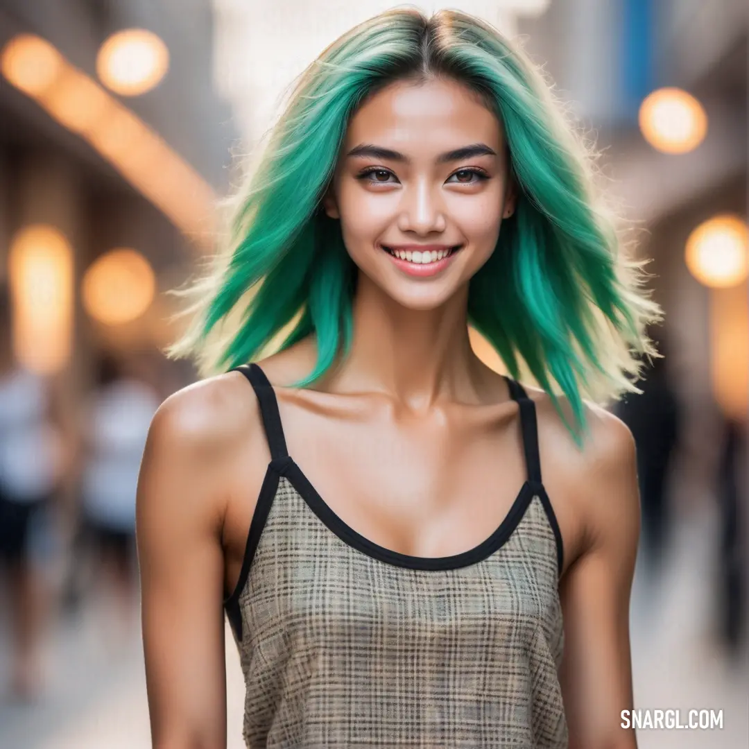 Woman with green hair and a black tank top smiling at the camera with a city street in the background