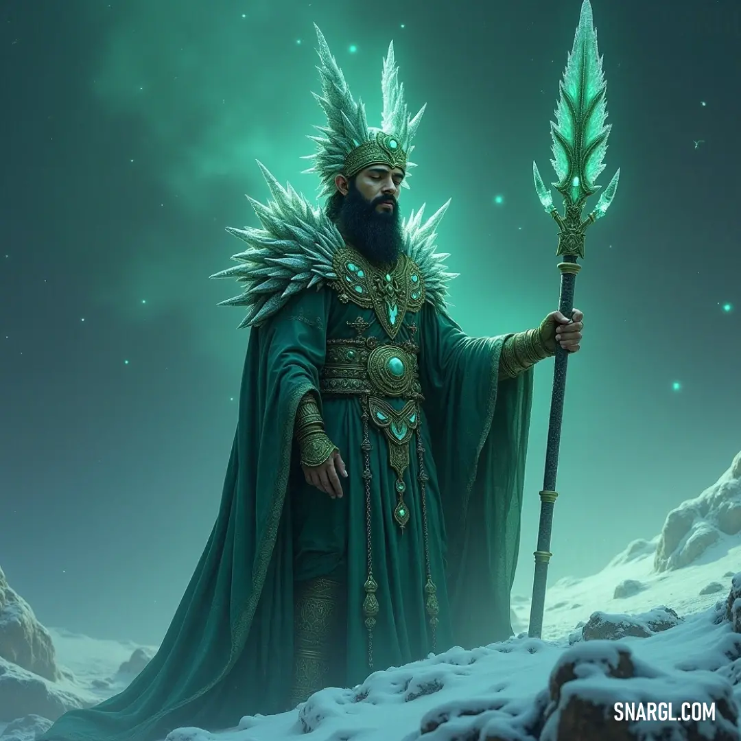 In a snowy landscape, a formidable figure clothed in vivid green grips a glowing staff, the powerful energy of the scene suggests heights of magic and impending adventure, setting the stage for extraordinary tales to unfold. A powerful figure stands resolutely in the snow, clothed in a striking green ensemble and brandishing a staff topped with an ethereal light; the atmosphere surrounding him crackles with the intensity of magic and potential mischief.