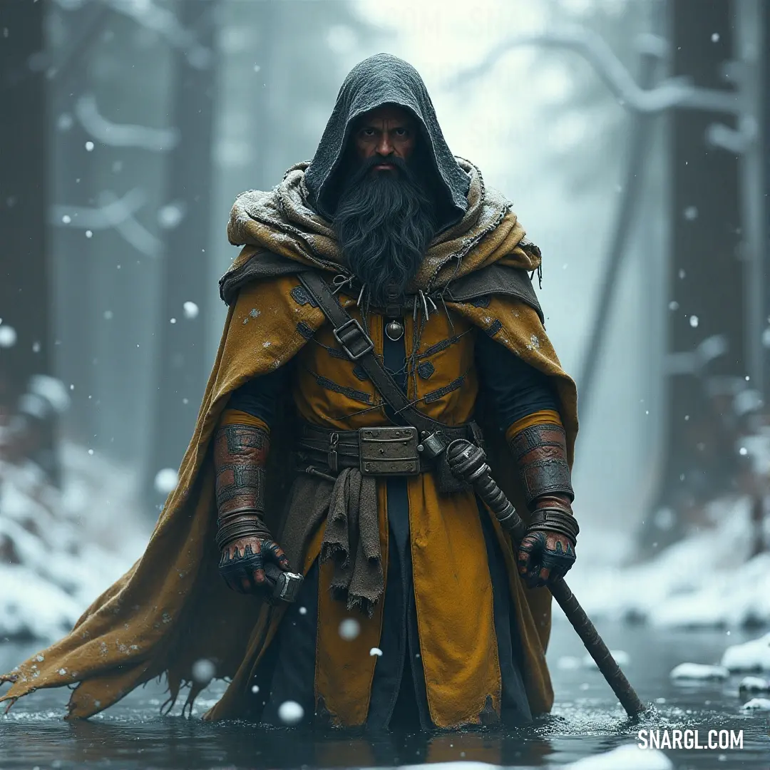 A commanding figure in yellow and black attire, with a long beard, exuding power and knowledge, as if poised to alter the course of fate with a single command. A dark, imposing figure draped in yellow and black, his long beard flowing with wisdom and age, stands as a formidable presence, ready to cast his powerful spell upon the world.