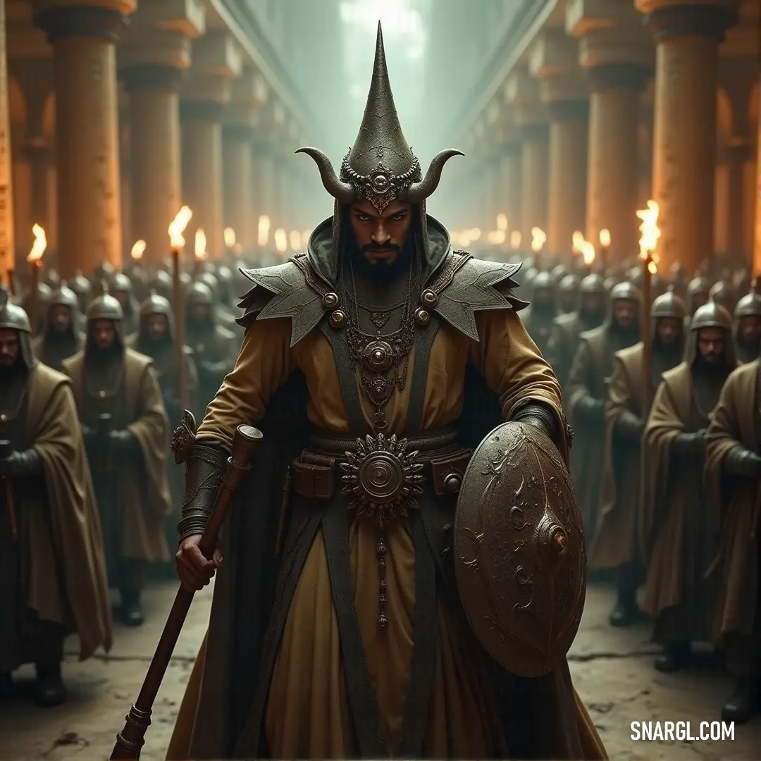 Jafar, wearing an elaborate costume with a sword and helmet, stands in a grand room filled with men in robes. The opulence of the setting adds to the air of authority and power he exudes.