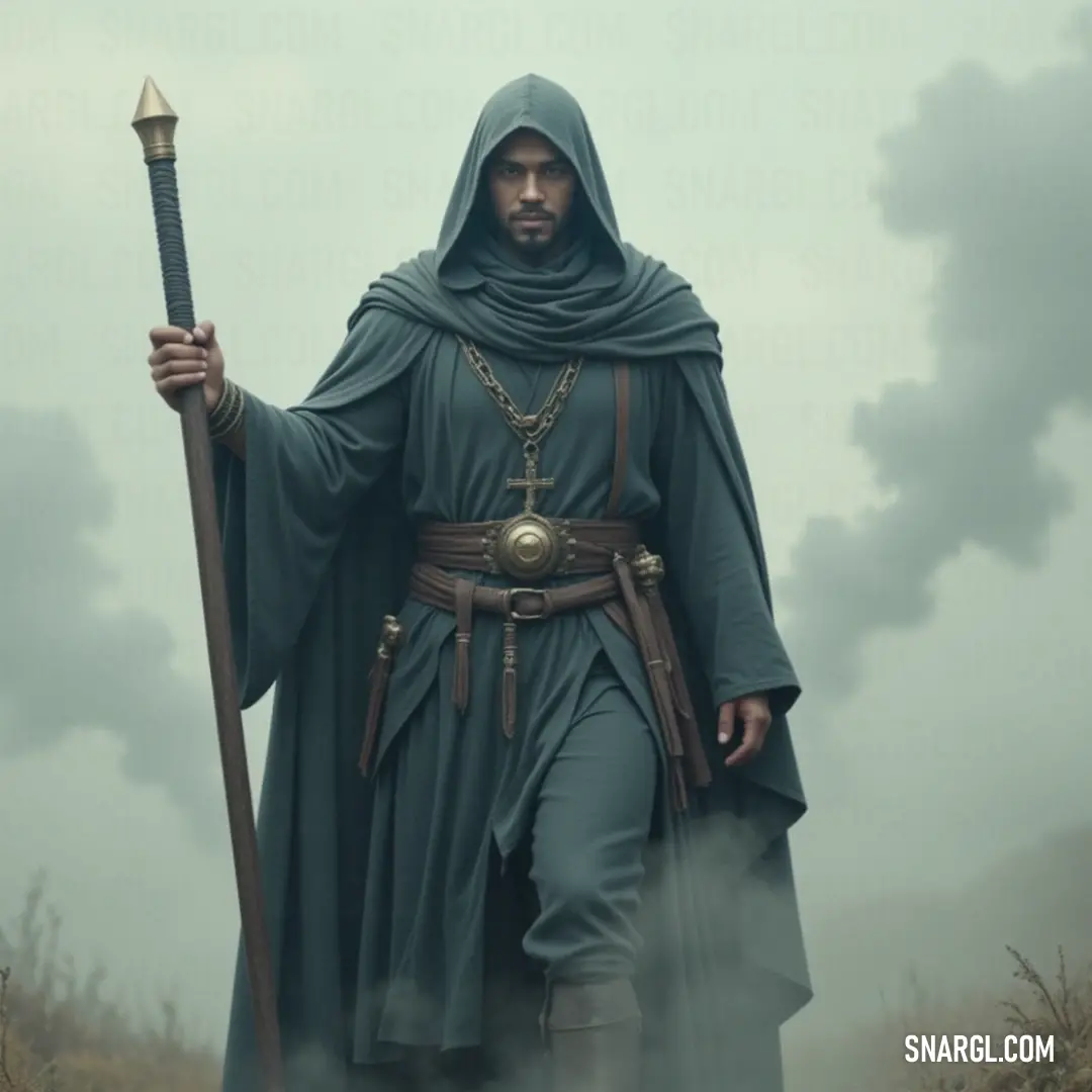 A mysterious figure dressed in a green robe, armed with a staff and a sword, standing in the midst of a foggy field, where smoke rises from the ground. A tall figure in a flowing green robe, holding a staff in one hand and a sword in the other, stands confidently in a foggy, smoke-filled field, with an eerie mist swirling around them.