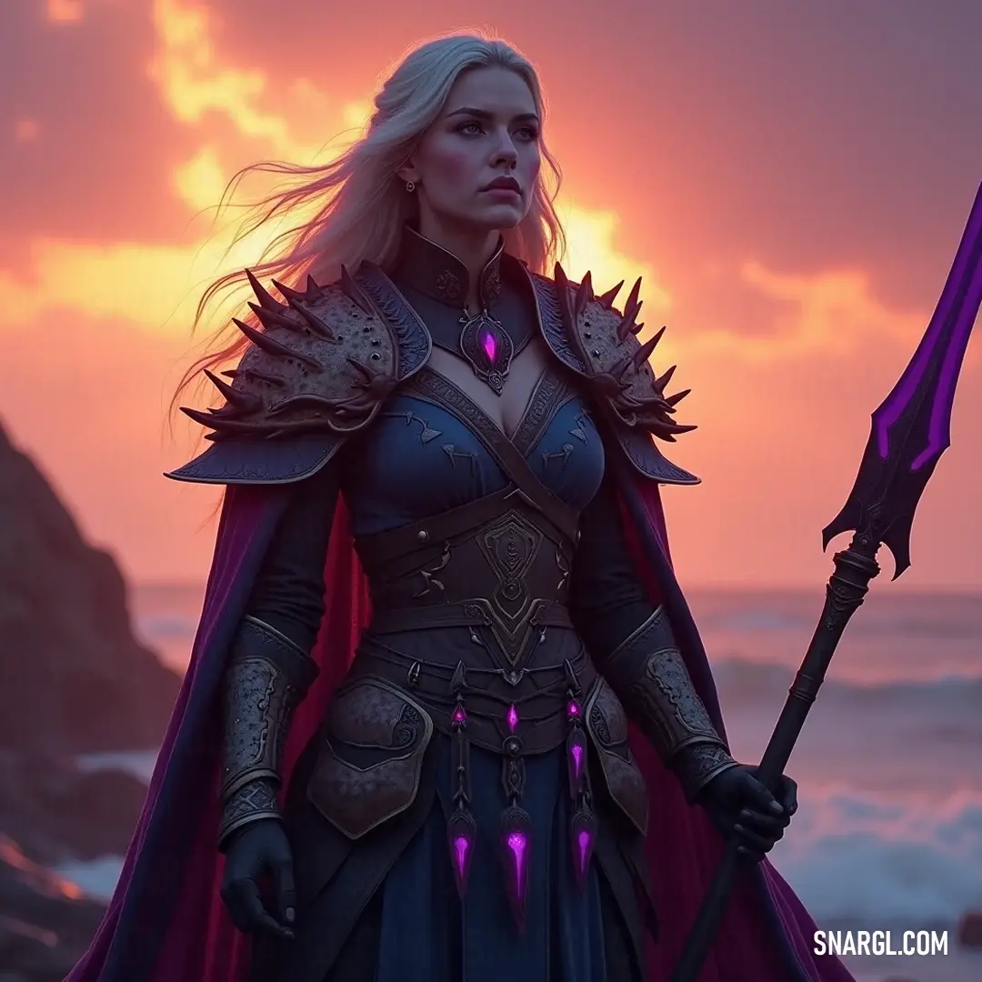 A captivating image of a warrior in elaborate attire, her sword raised high in preparation for the challenges that lie ahead. A fierce warrior dressed in a brilliantly crafted costume brandishes a sharp sword, standing tall and unyielding, ready to face the trials of her destiny with unwavering determination.
