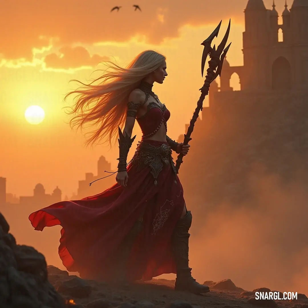 An imposing figure against the backdrop of a castle at sunset, a warrior poised in a striking red dress, symbolizing courage and nobility. A regal warrior in a vibrant red dress grips a staff and sword, standing proudly before an ancient castle, as birds soar above her, captured in a moment of serene power during dusk.