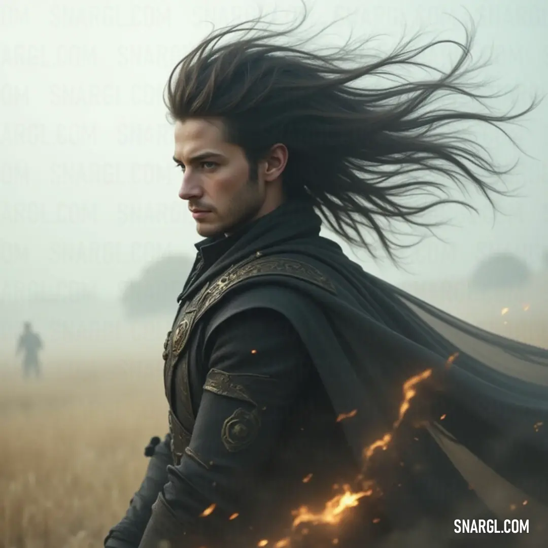 A serene moment unfolds as Janus, adorned with a cape, stands in a sunlit wheat field, embracing the beauty of nature and the calmness of the world around him. A tranquil portrayal of Janus, his long hair flowing in the breeze, draped in a flowing cape, standing amidst golden wheat fields that sway gently under the warmth of the sun, exuding a sense of peace and connection to nature.