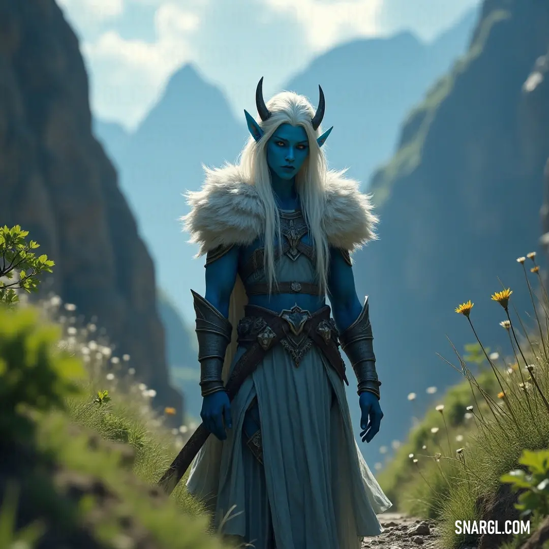 Against a majestic mountain backdrop, a striking figure dressed in blue and white, adorned with horns, stands tall, embodying the grace and strength of a guardian of nature, poised for any challenge ahead.