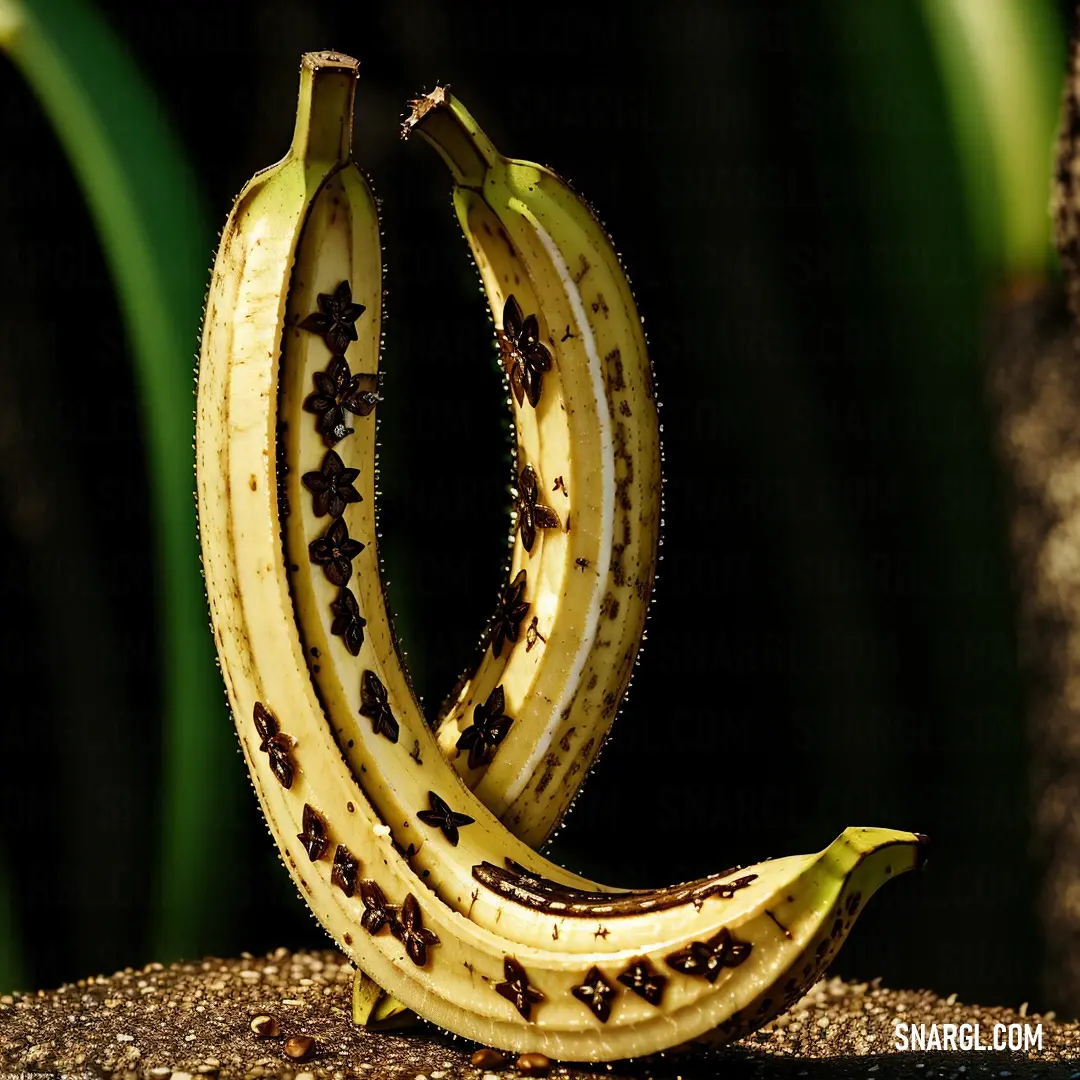 Couple of bananas on top of a wooden table next to a plantain tree trunk with seeds. Color CMYK 0,10,49,3.