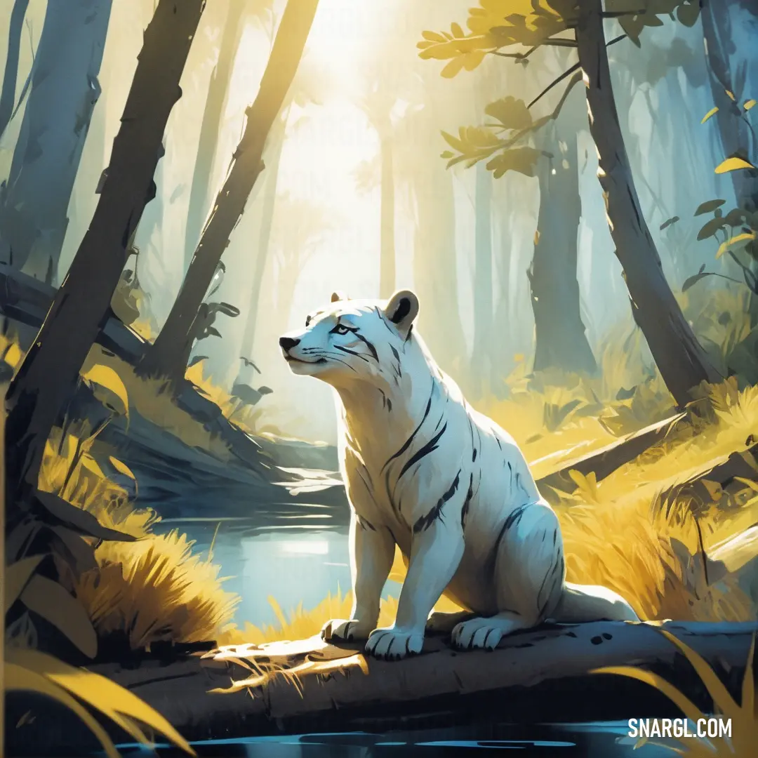 White tiger on a log in a forest with a river and trees in the background. Color RGB 248,222,126.