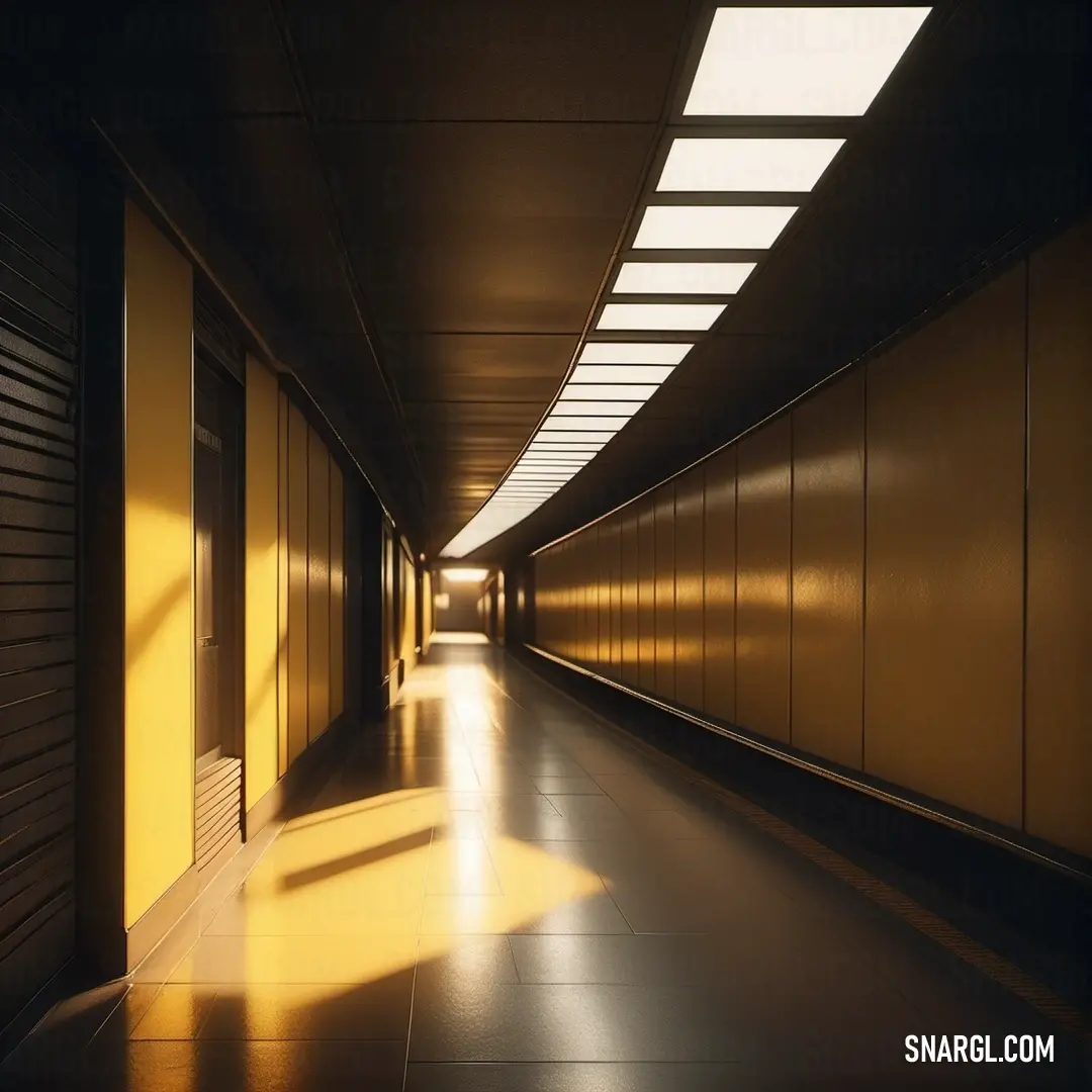 Long hallway with yellow walls and a light coming through the window on the far end of the hallway. Example of RGB 248,222,126 color.