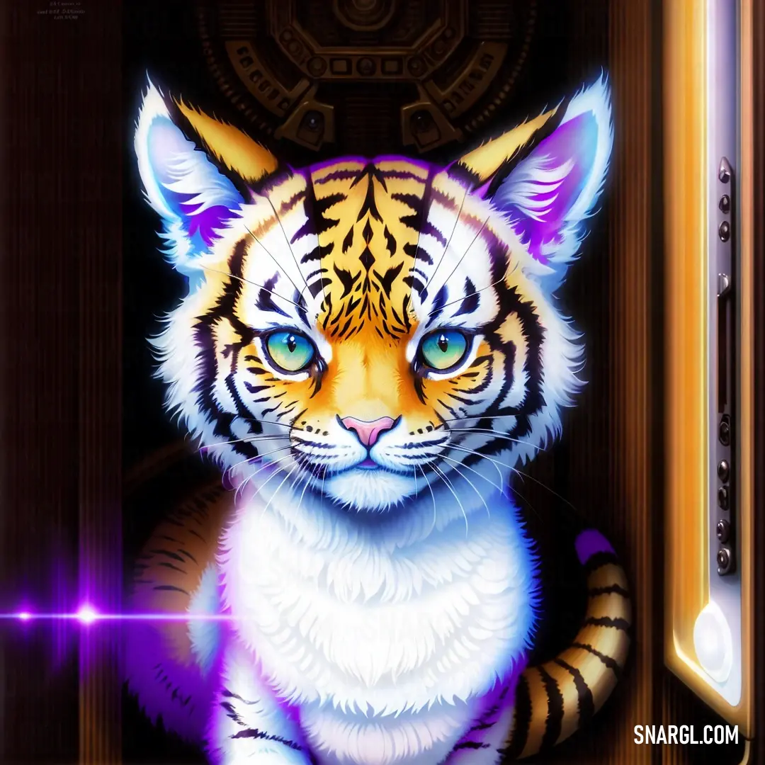 Tiger is in a doorway with a purple light behind it