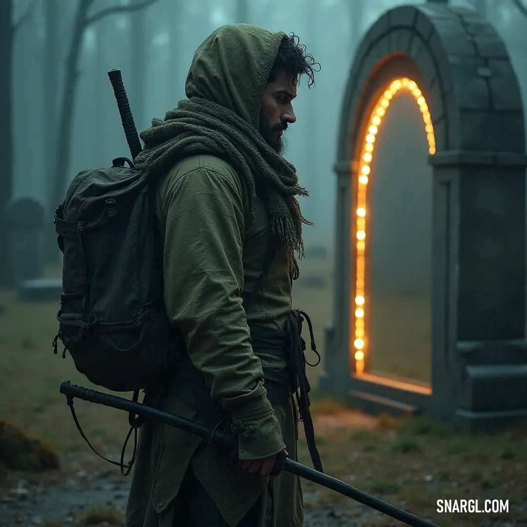 A valiant hero, clad in practical gear and equipped with a sword, navigates a fog-laden forest where ethereal light glows from an ancient arch, as moments of mystery build around every corner of this enchanted realm. A valiant hero, clad in practical gear and equipped with a sword, navigates a fog-laden forest where ethereal light glows from an ancient arch, as moments of mystery build around every corner of this enchanted realm.