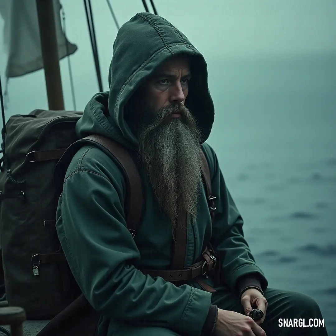 Amidst shimmering waves, a bearded adventurer in a hoodie sails with purpose on a boat, the sunset casting warm hues as his trusty backpack holds secrets of the sea.