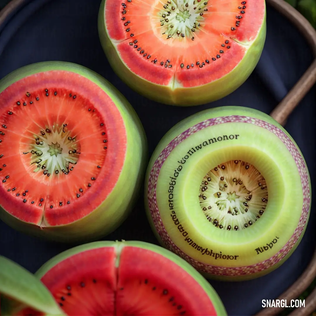 Close up of a plate of fruit with kiwis cut in half and whole on the side. Example of Jasper color.