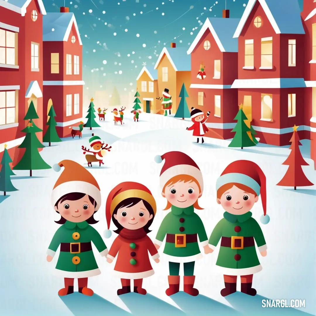 Group of children dressed in christmas costumes standing in the snow in front of a town. Color #D73B3E.