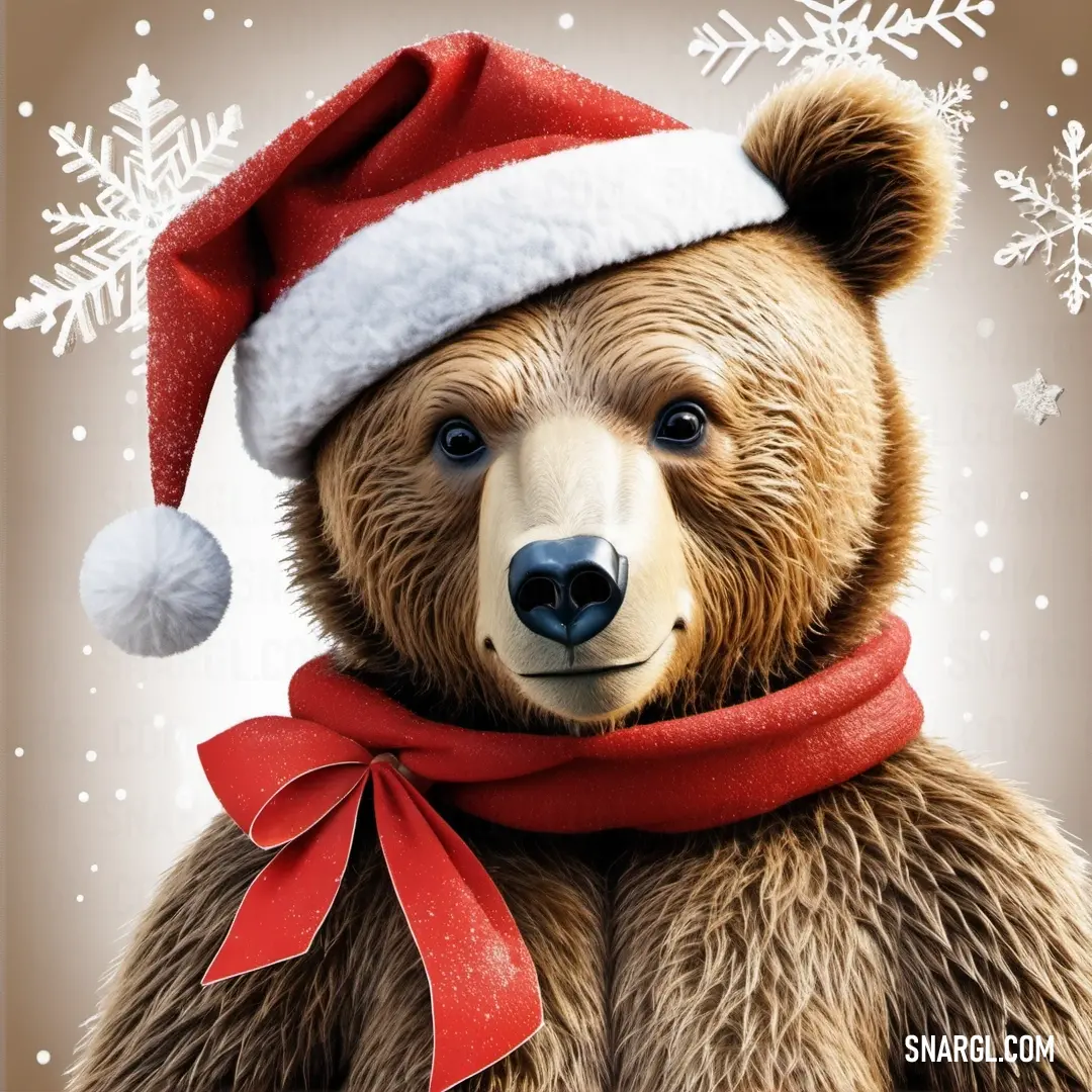 Brown bear wearing a santa hat and scarf with snowflakes on it's back and a red scarf around its neck. Example of CMYK 0,73,71,16 color.