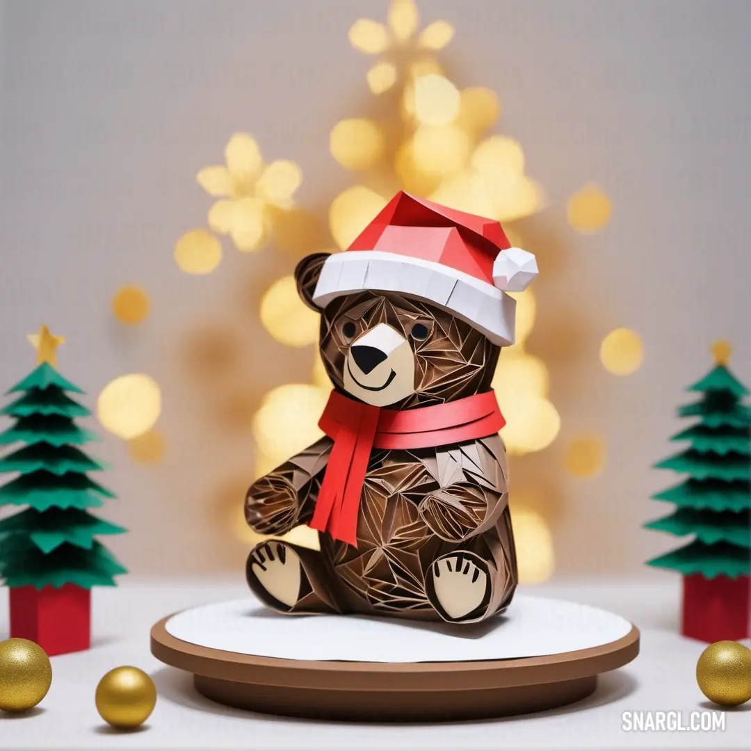 Brown bear with a red ribbon and a santa hat on it's head on a plate. Color Jasper.
