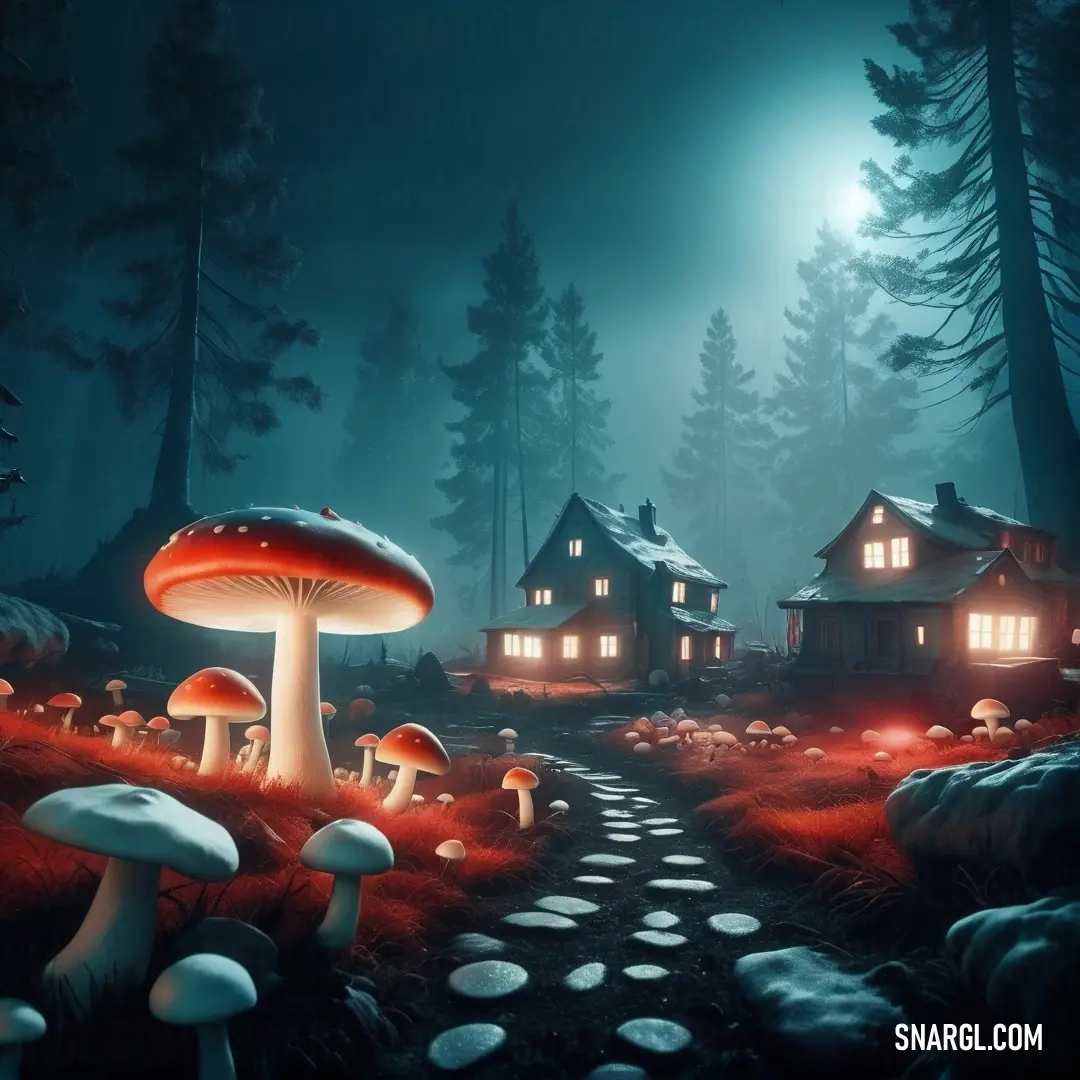 Jasper color example: Night scene with a path leading to a house and mushrooms in the foreground