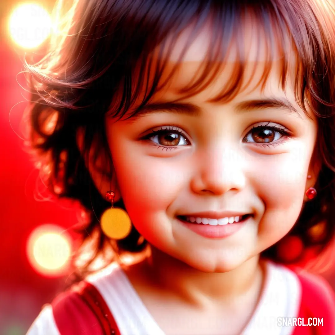 Little girl with a smile on her face and a red shirt on her shirt and a red and yellow background