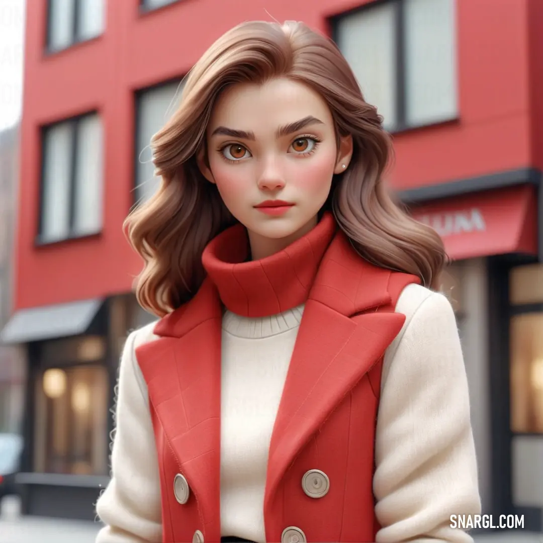 Woman in a red coat is standing in front of a red building with a red scarf around her neck. Color CMYK 0,73,71,16.