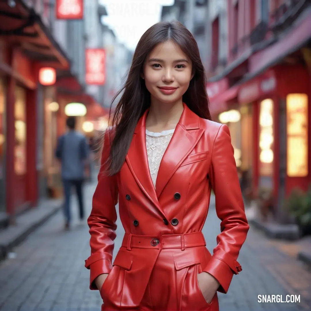 Woman in a red leather suit standing on a street corner. Example of RGB 215,59,62 color.