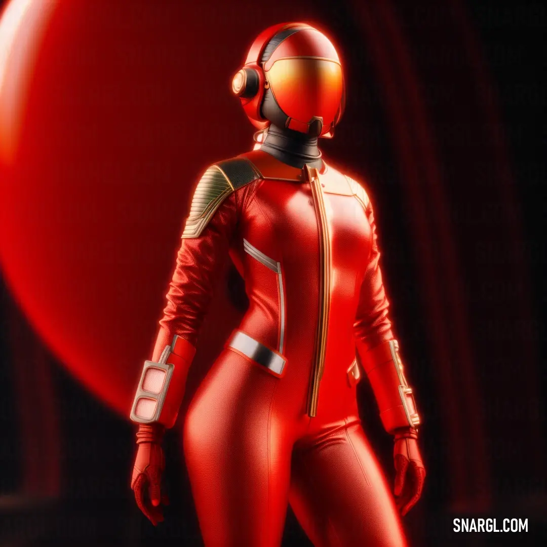 Woman in a red suit standing in front of a red heart with a helmet on her head