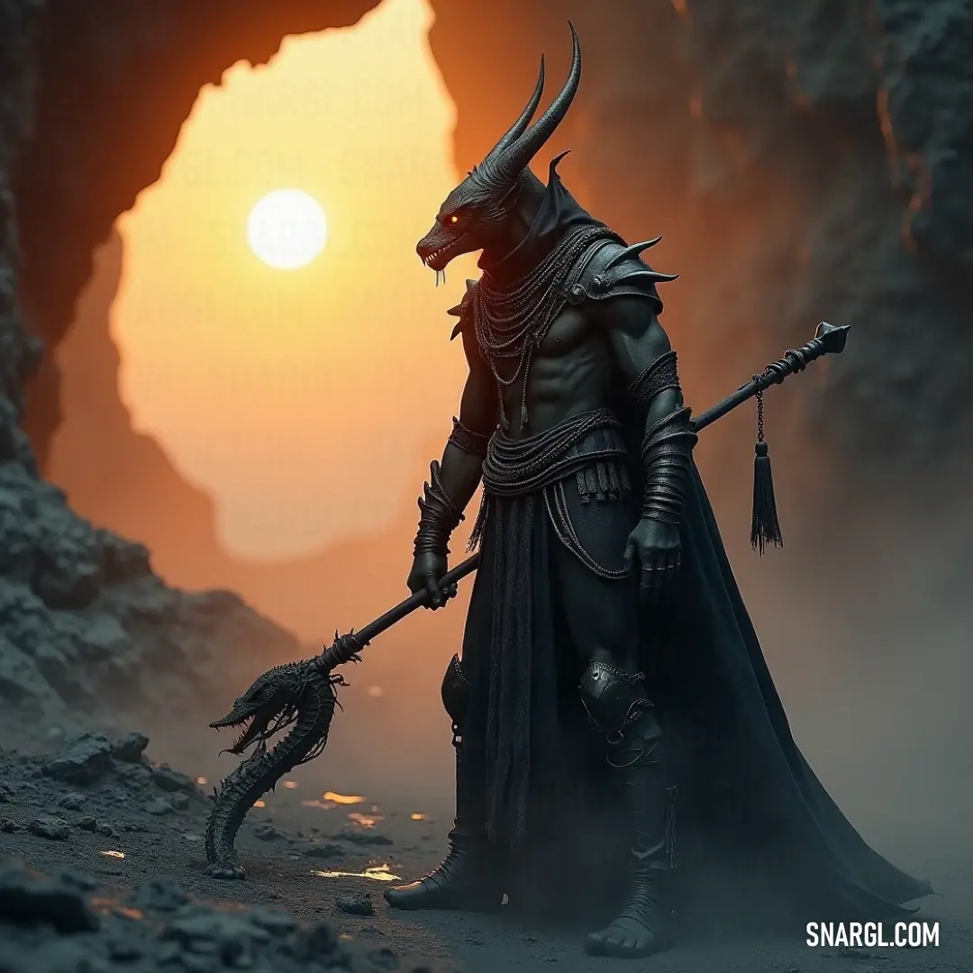 A horned warrior stands in front of a cave with a dragon by his side, the darkness of the cave and the dragon’s presence creating a scene full of intrigue and danger. A warrior in a horned costume stands with a staff before a dark cave, a dragon perched on its back. The ominous setting, with shadows cast by the cave entrance, adds a sense of mystery and anticipation to the scene.