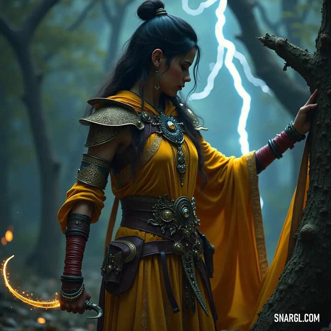 A striking figure in a vibrant yellow dress holds a shimmering sword within a lush forest illuminated by flashes of lightning. A striking character adorned in a vibrant yellow dress stands amidst a lush forest, gripping a shining sword, as flashes of lightning illuminate the dramatic backdrop, merging beauty and danger within the wild.