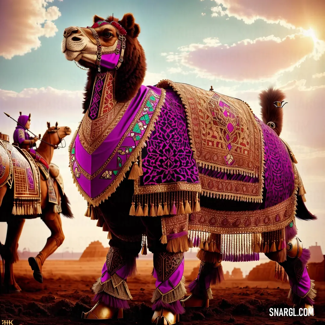 Camel with a purple blanket on it's back and a man on a horse behind it in the desert