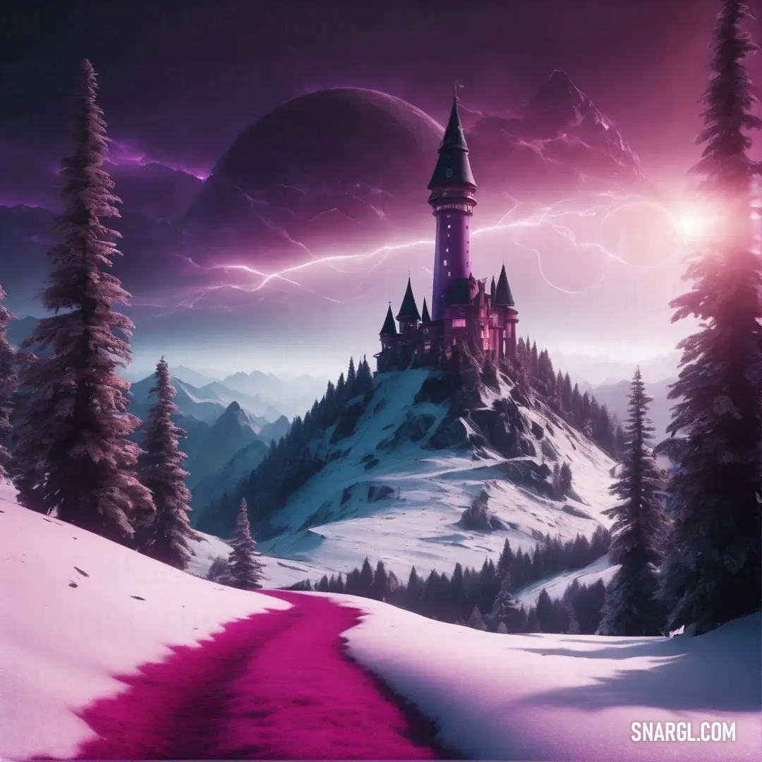 Castle in the middle of a snowy mountain with a pink path leading to it and a lightning bolt in the sky. Color RGB 165,11,94.