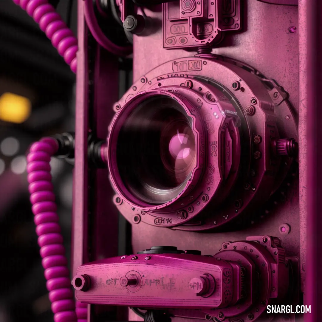 Close up of a pink camera with a purple background and a yellow light in the background