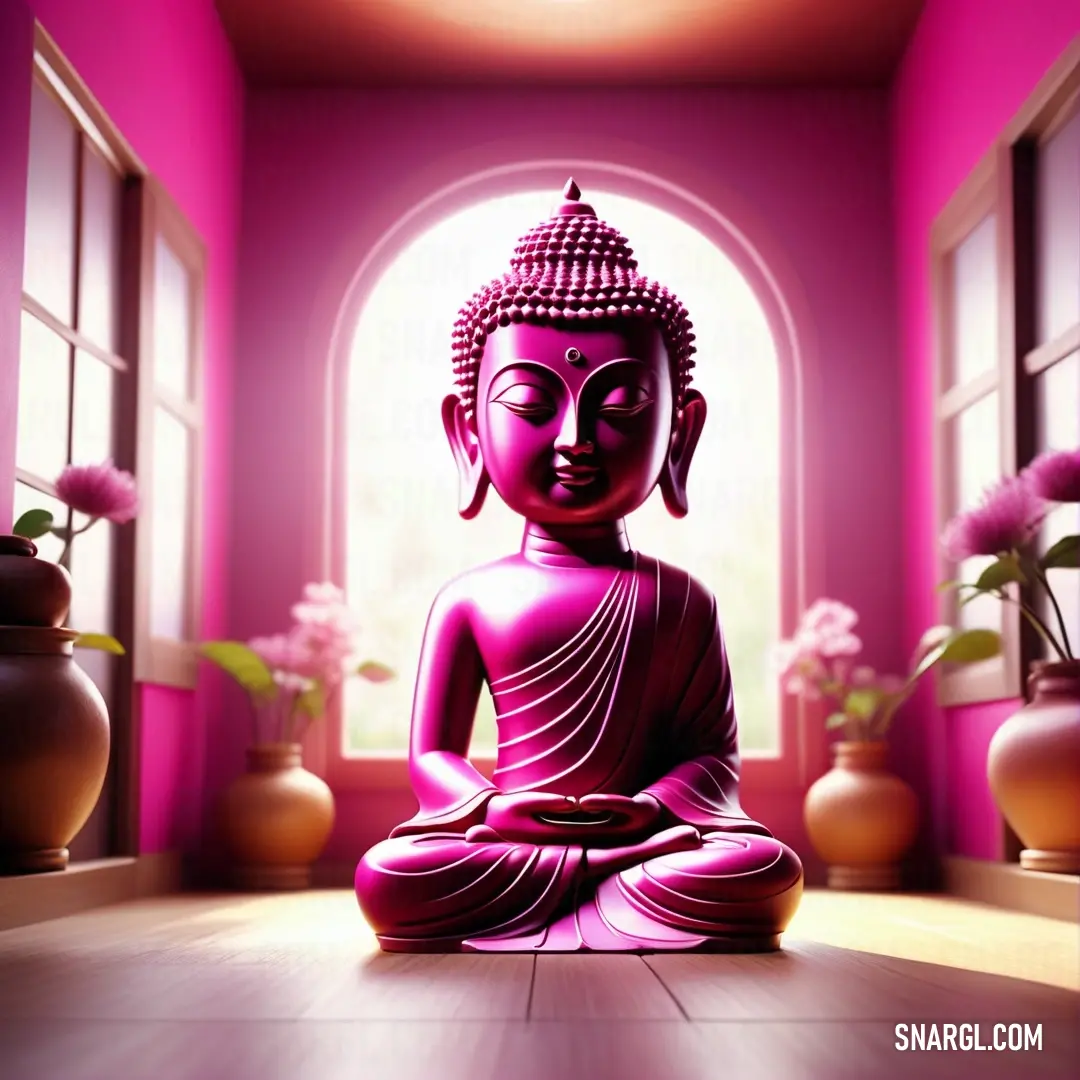 Buddha statue in a room with a window and vases on the floor in front of it. Example of RGB 165,11,94 color.