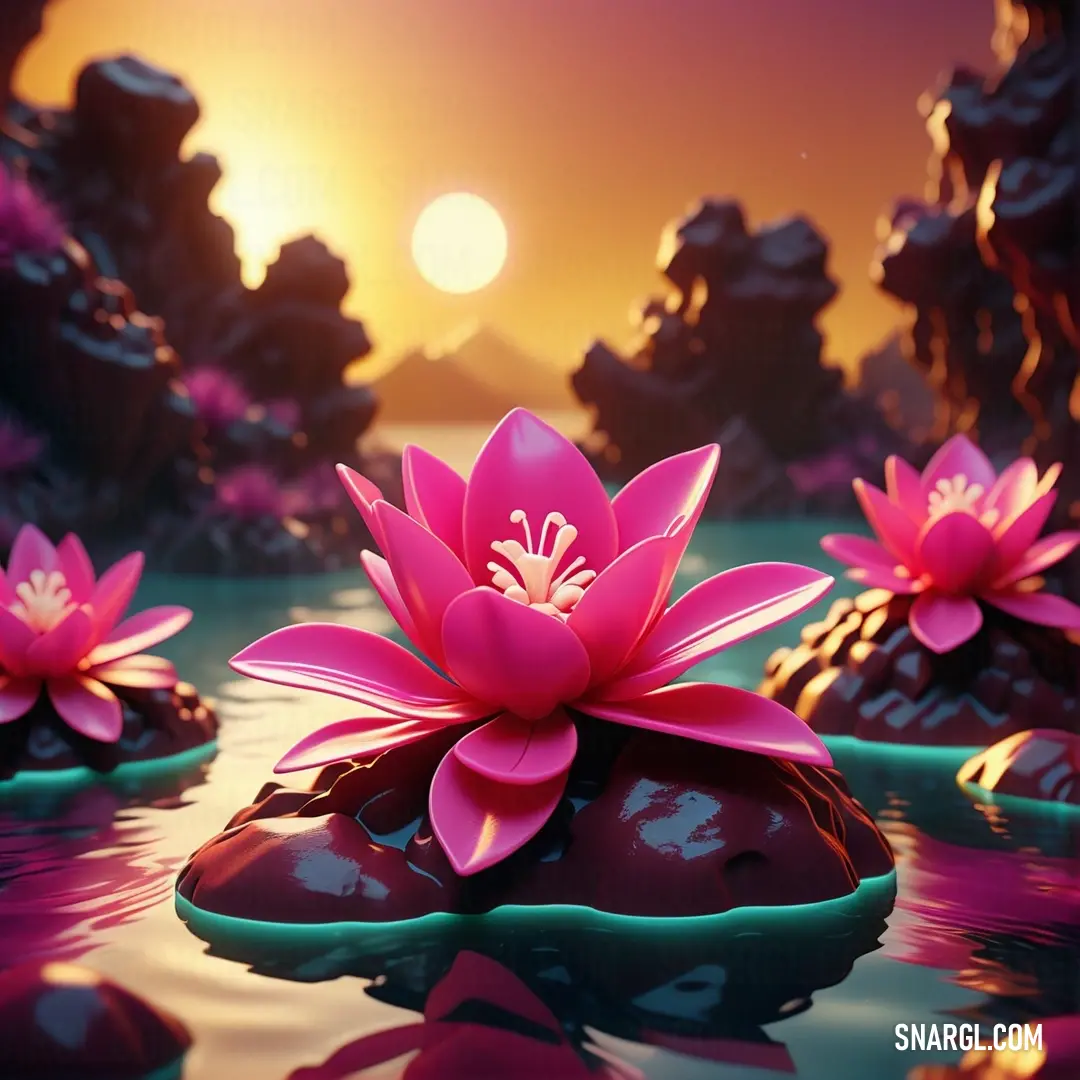 Pink flower floating on top of a lake next to rocks and trees at sunset. Color #A50B5E.