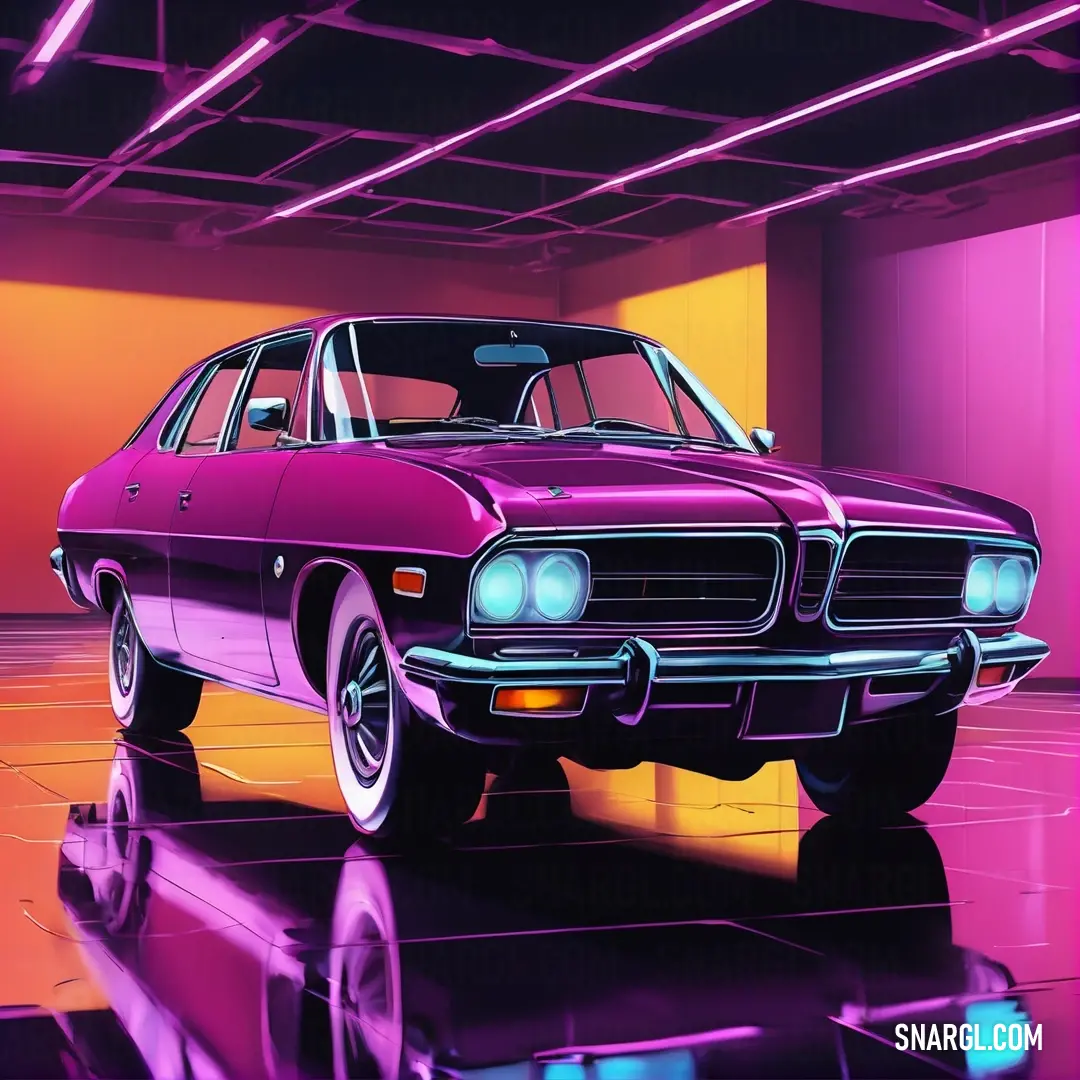 Jazzberry jam color. Purple car is parked in a garage with neon lights on the ceiling and a pink background