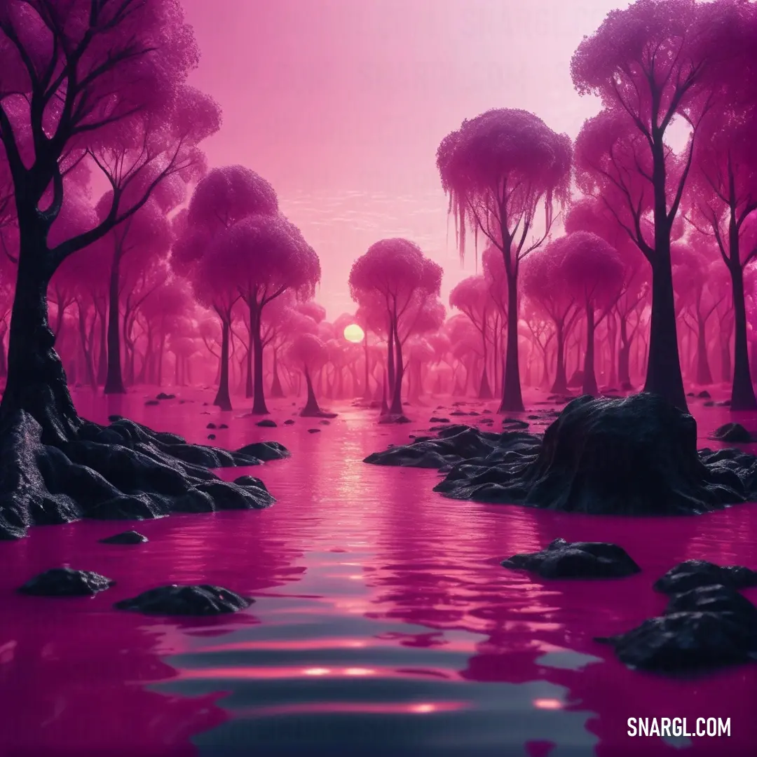 Painting of a pink landscape with trees and water at sunset or sunrise or sunset. Example of RGB 165,11,94 color.