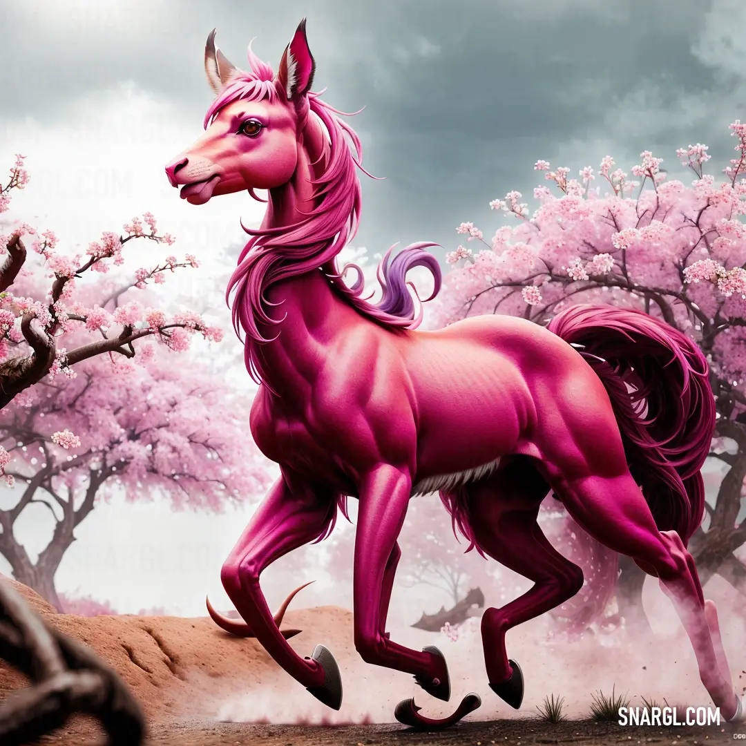 Pink horse running through a field of trees with pink flowers on it's back legs and tail
