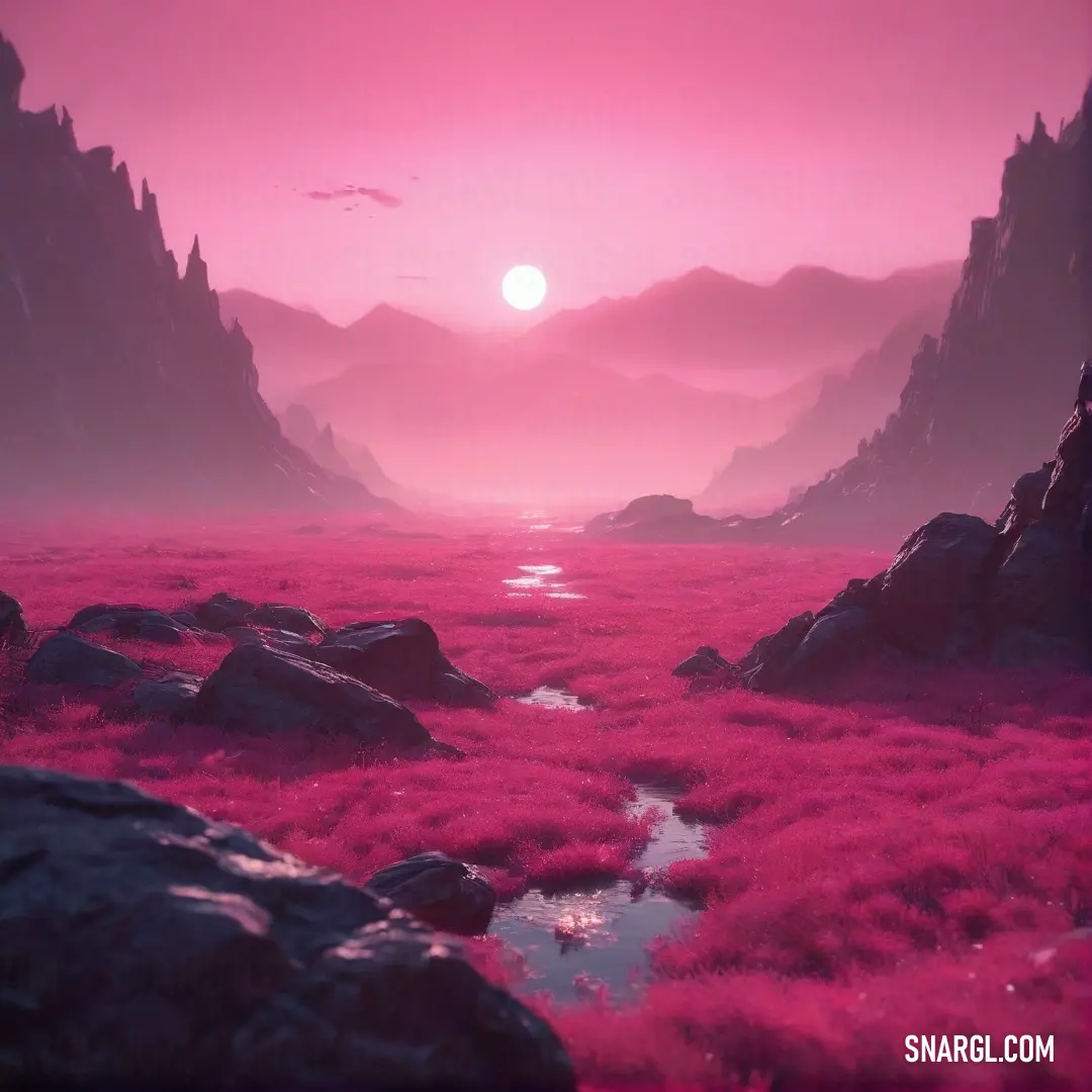Pink sky with a stream running through it and a mountain range in the background. Color CMYK 0,93,43,35.