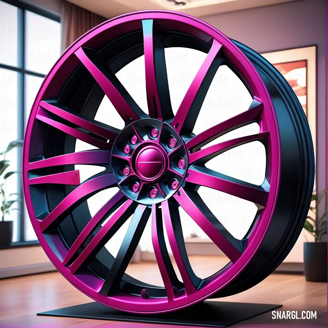 Pink wheel on a black stand in a room with a window and potted plant in the background. Color RGB 165,11,94.