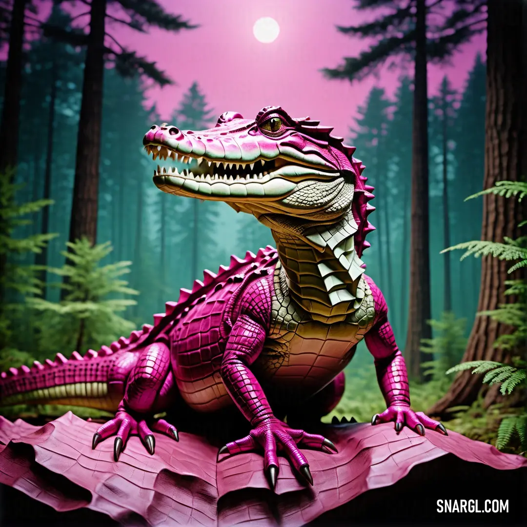 Toy alligator on a pink paper in a forest with a full moon in the background. Color #A50B5E.