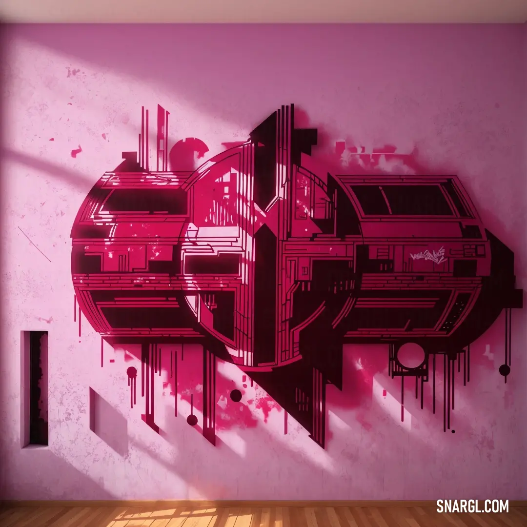 Wall with a painting of a pink and black abstract design on it's side and a wooden floor