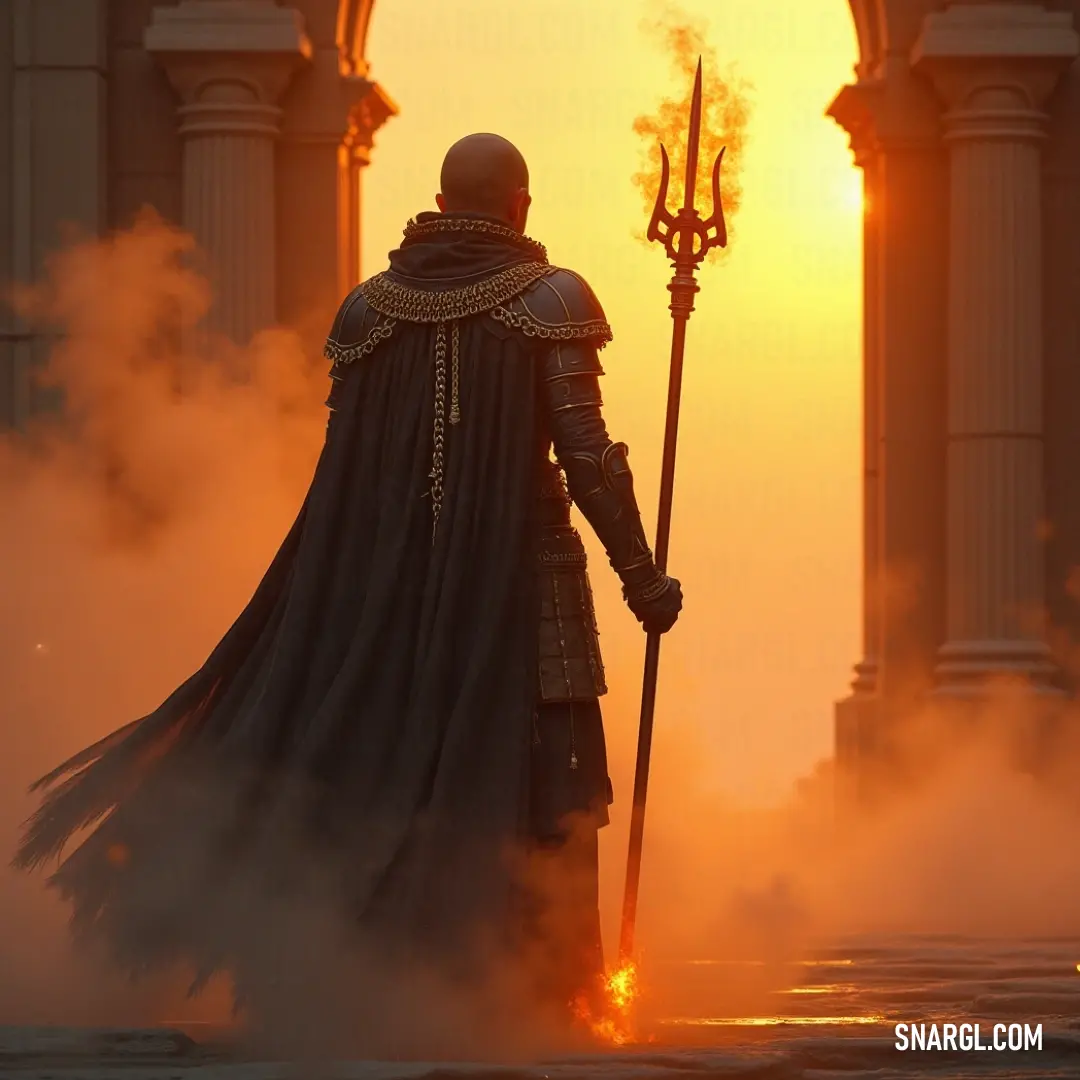 An aura of power envelops a robed figure holding a flame-lit staff against the backdrop of an ancient structure and darkening skies. A commanding figure draped in a dark robe, holding a staff that radiates flame, stands powerfully in front of an ancient building, the dark sky above intensifying the atmosphere of mystique.