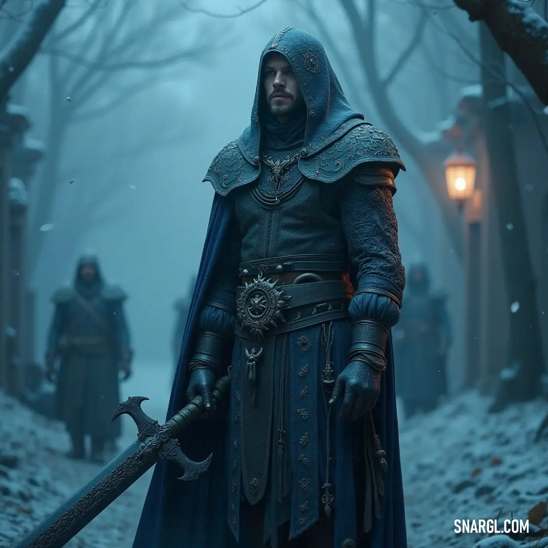 A hooded figure in a snowy forest holds a sword, as shadows emerge in the distance, hinting at an unfolding story. A mysterious figure in a hooded outfit grips a glistening sword, standing resolutely in a snowy forest, with two shadowy figures lurking in the background, creating a chilling yet captivating narrative.