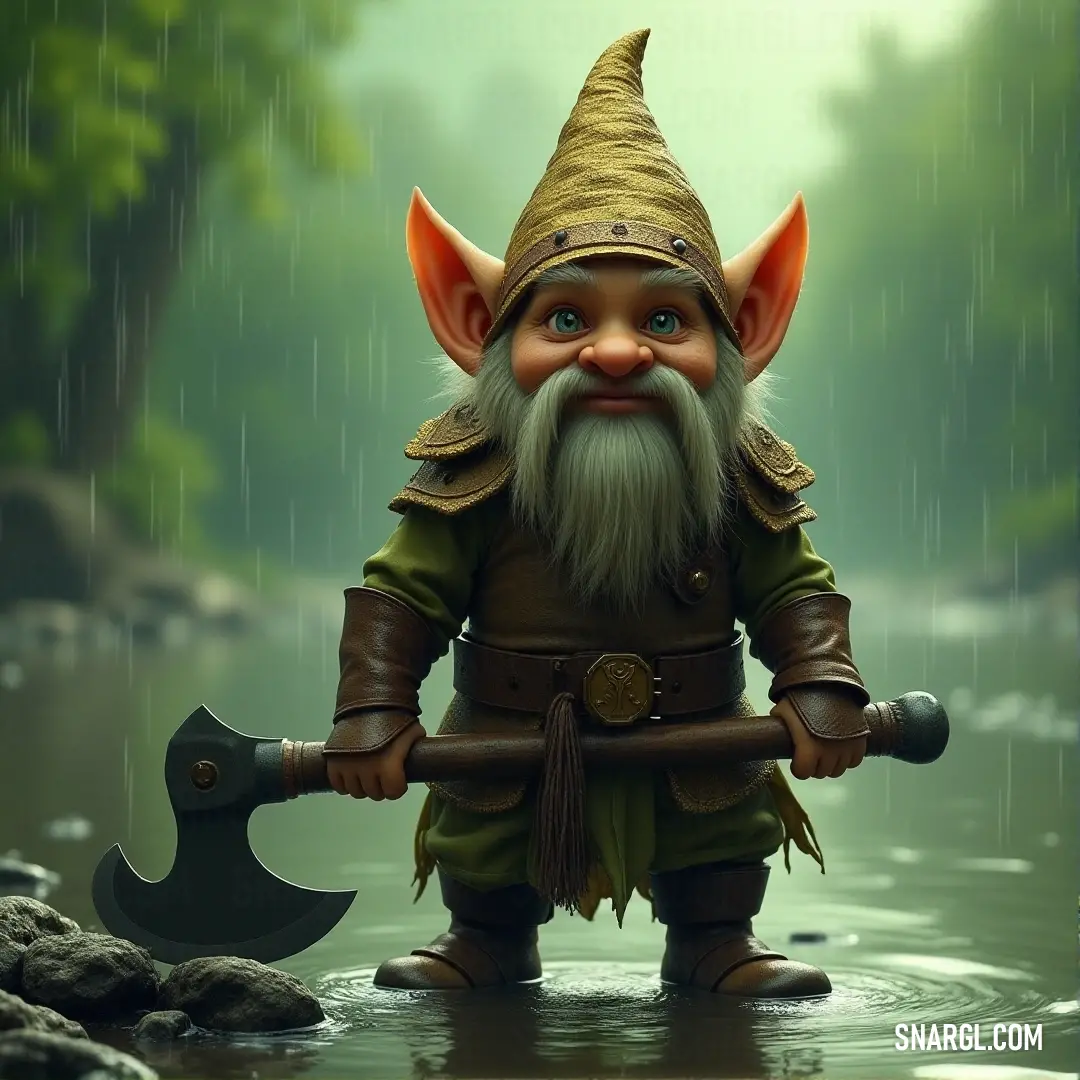 Jebeddo Triggertap, a rugged adventurer with a large axe, stands knee-deep in a flowing river. The forest stretches behind him, and the powerful flow of the water contrasts with his steady stance.