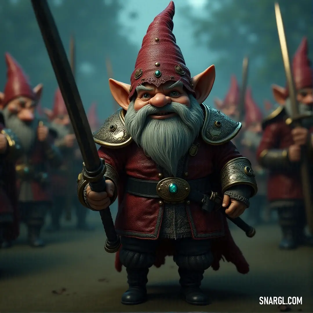 A group of gnomes with red hair and beards, armed with swords and wearing red outfits and helmets, stand together in unity. A group of fierce gnomes, each with long red hair and beards, don matching red outfits and helmets. Armed with swords, they stand in formation, ready to face whatever battles lie ahead in their mythical realm.