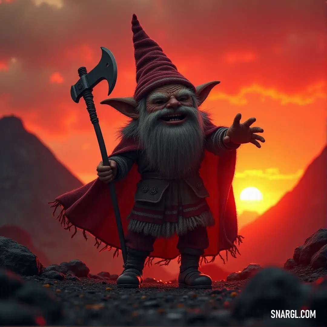 Jervis Flinch, bold and daring, wielding an axe atop a rocky mountain as the sun sets Amidst a breathtaking sunset, Jervis Flinch stands on a rocky mountain, wearing a vibrant red cape. A large axe rests in his hand, ready for whatever challenges lie ahead in the changing light.