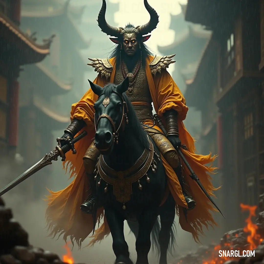 A commanding spirit on a black horse gallops through an urban landscape, accompanied by a shadowy demon, blending realms of fantasy with the everyday world. A fearsome spirit rides a majestic black horse through a bustling city street, demonstrating power and authority as a ghostly demon accompanies them, highlighting a captivating blend of fantasy and reality.