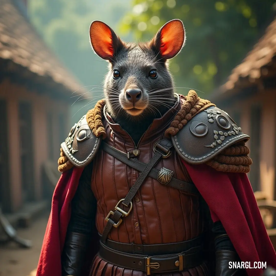 Jik stands heroically in front of a row of ancient houses, his leather outfit and flowing red cape creating a striking contrast against the rustic backdrop. His presence commands respect as he looks onward with determination.